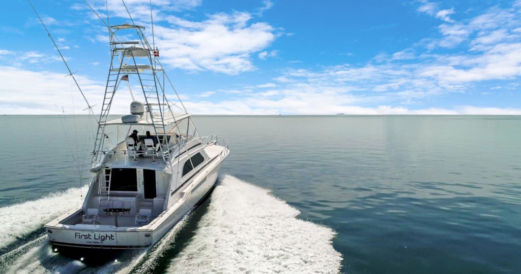 Luxury motor yacht navigating through open water with a scenic ocean background.