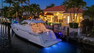 Twilight drone real estate photography of the waterfront home at 371 SE 15th Avenue, Pompano Beach, FL