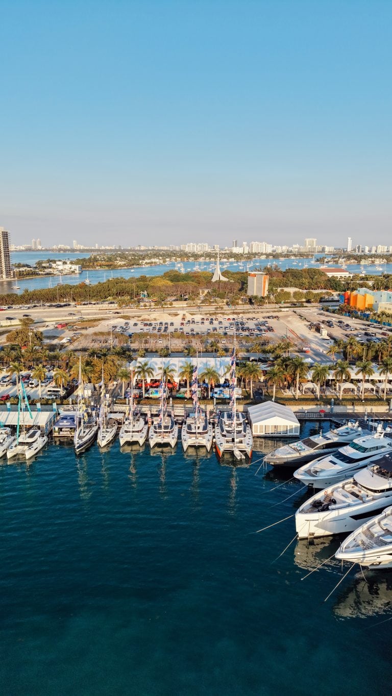 Luxury yachts docked at Miami marina with city skyline in background.