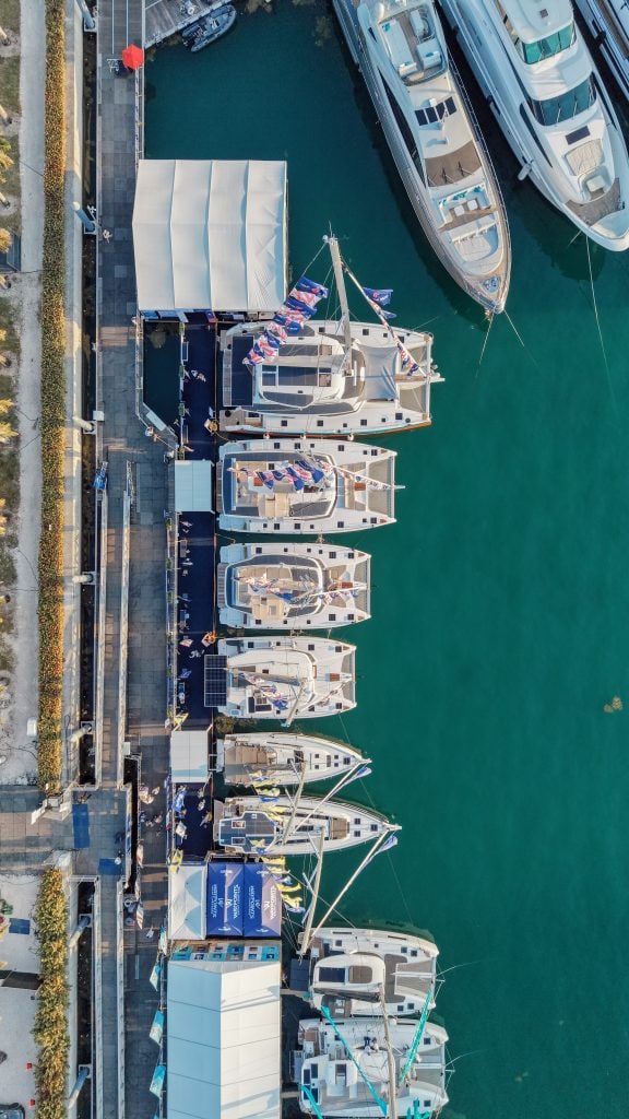 Aerial view of yachts docked at a marina in South Florida.