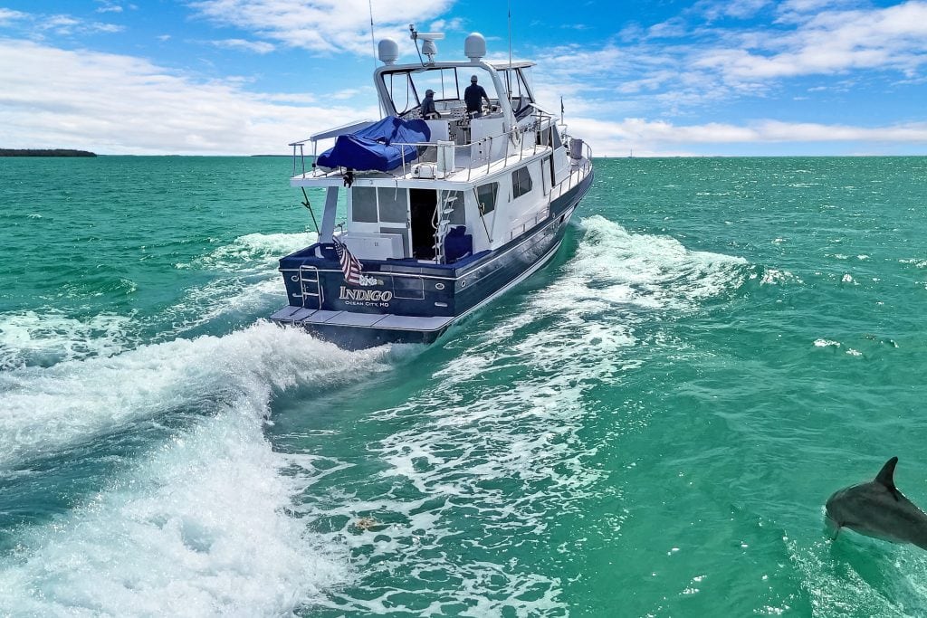 Luxury yacht cruising on turquoise ocean with dolphin nearby, perfect for ocean tours and marine adv.
