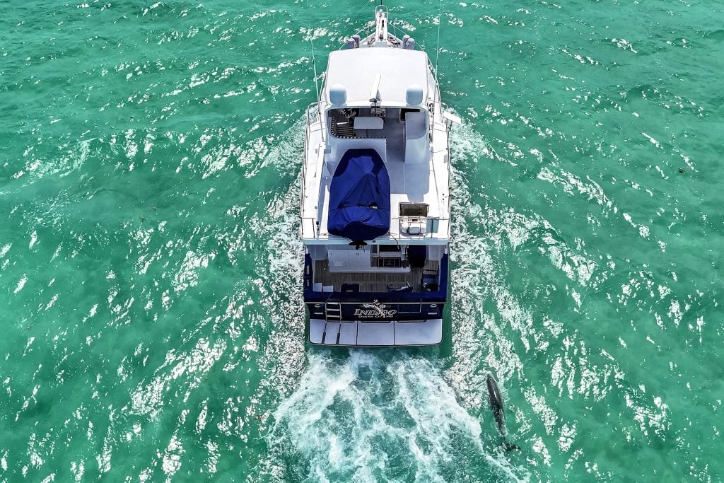 Luxury motorboat cruising on clear turquoise water.