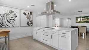 Modern white kitchen featuring sleek cabinetry, stainless steel appliances, and contemporary art pri.