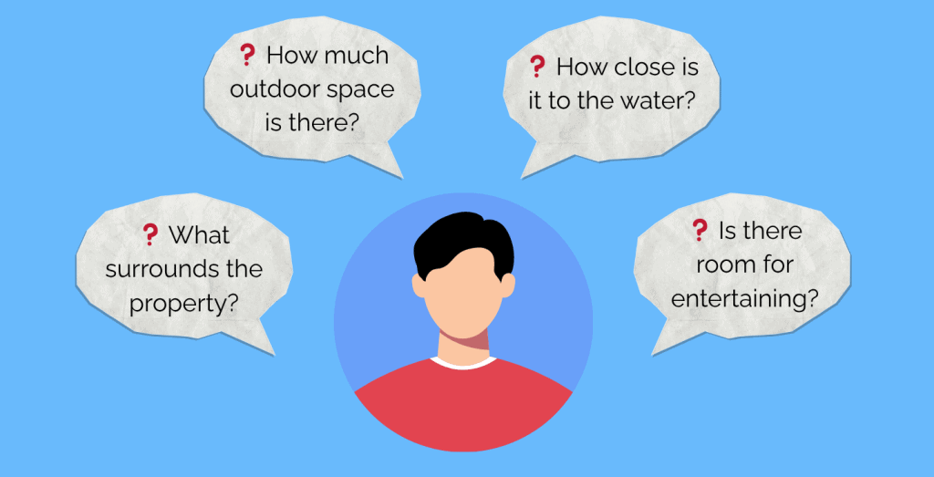 Person considering outdoor space, water proximity, and entertainment options from drone view.