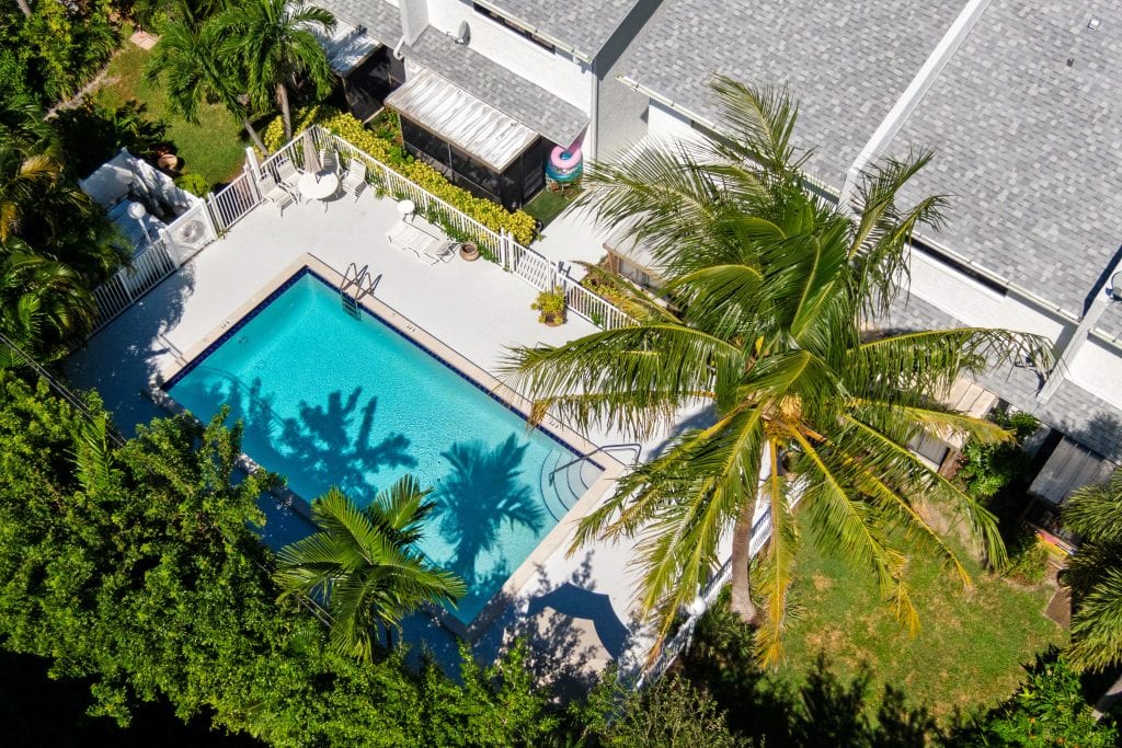 Aerial view of a backyard with a swimming pool and tall palm trees.