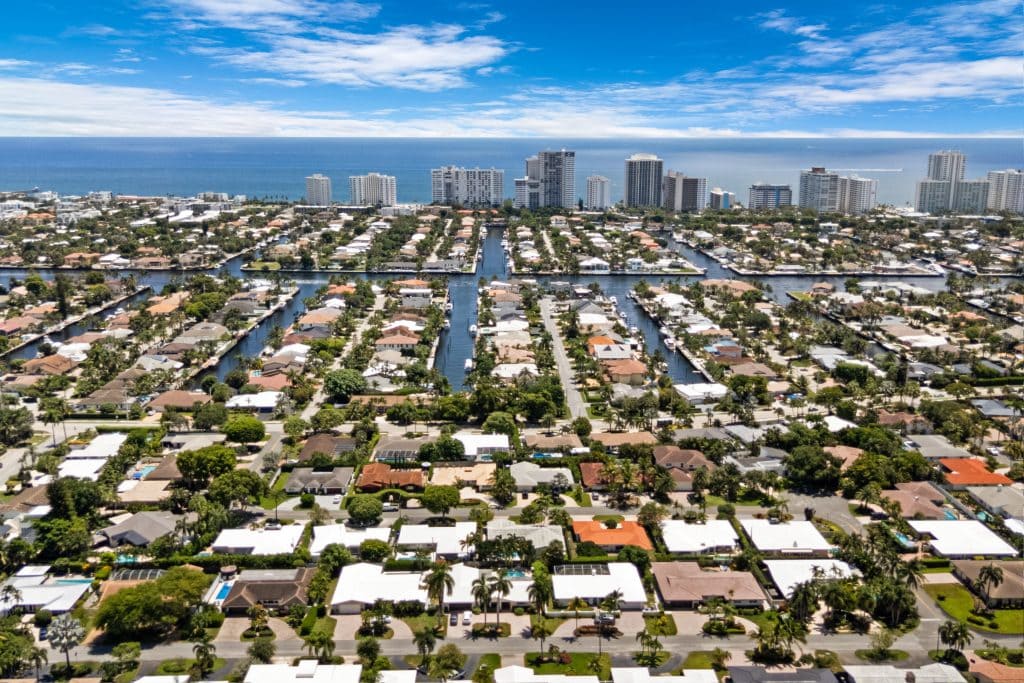 Aerial view of Fort Lauderdale residential neighborhoods and high-rise buildings.