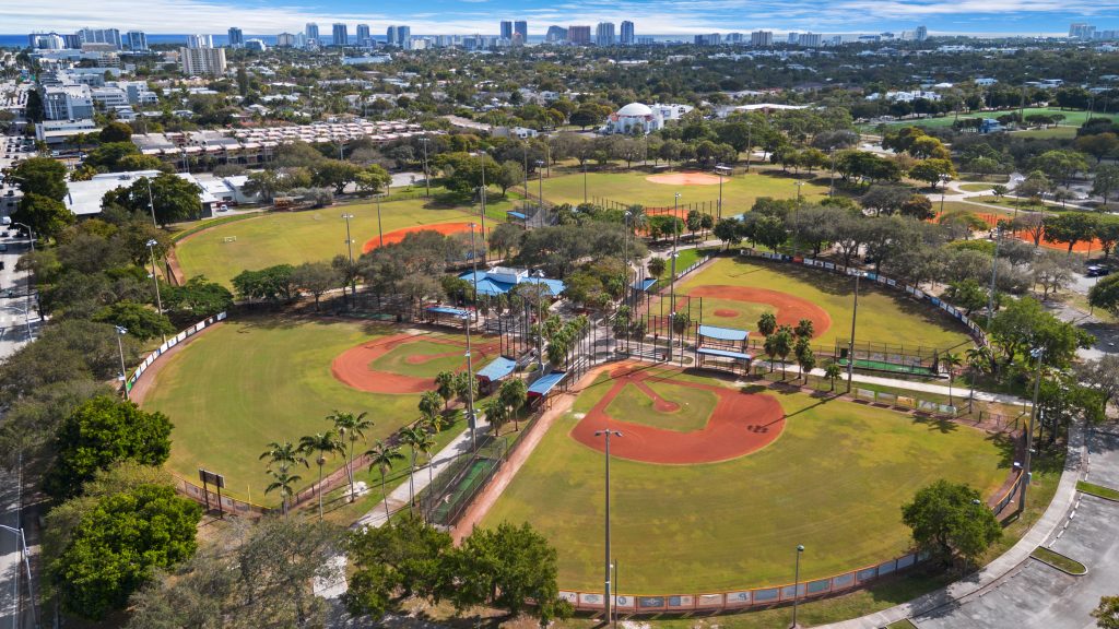 Aerial view of baseball fields and parks in Fort Lauderdale, FL.