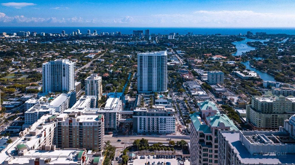 Aerial view of Fort Lauderdale with high-rise buildings and waterways.