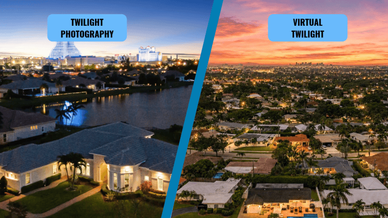 Comparison of virtual twilight and real twilight cityscape photography.